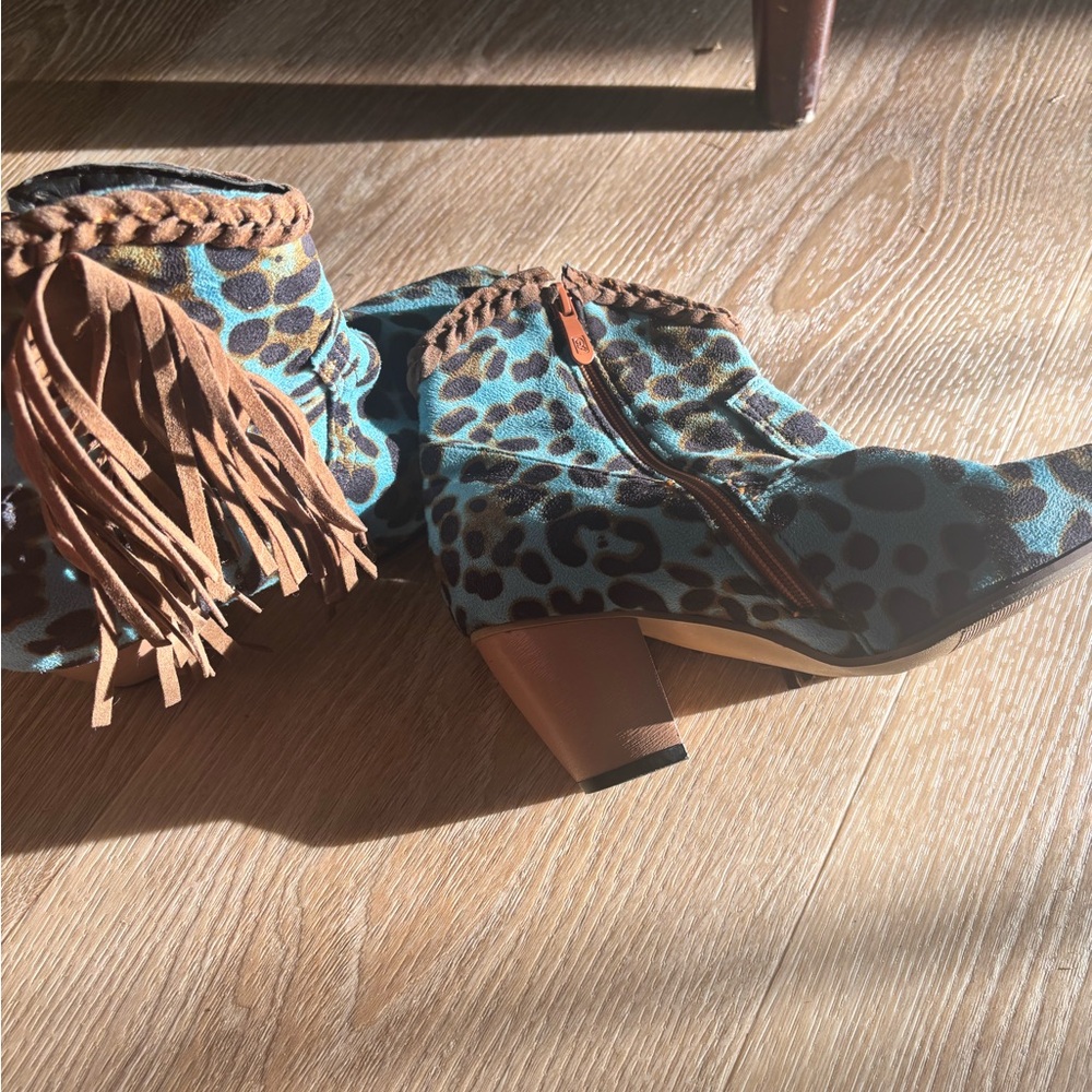 Leopard Print Ankle Boots with Fringe